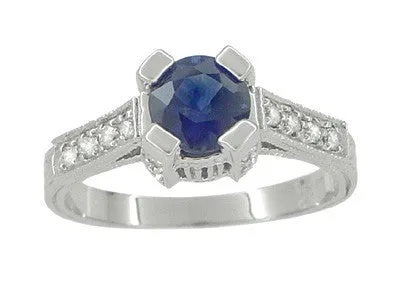 Art Deco 1 Carat Blue Sapphire Engraved Castle Engagement Ring in Platinum