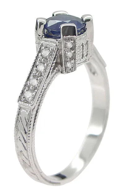 Art Deco 1 Carat Blue Sapphire Engraved Castle Engagement Ring in Platinum