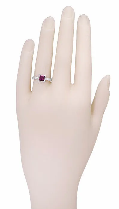 Art Deco 1 Carat Princess Cut Rhodolite Garnet and Diamond Engagement Ring in 18 Karat White Gold
