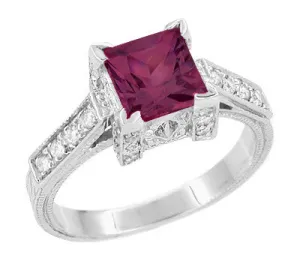 Art Deco 1 Carat Princess Cut Rhodolite Garnet and Diamond Engagement Ring in 18 Karat White Gold