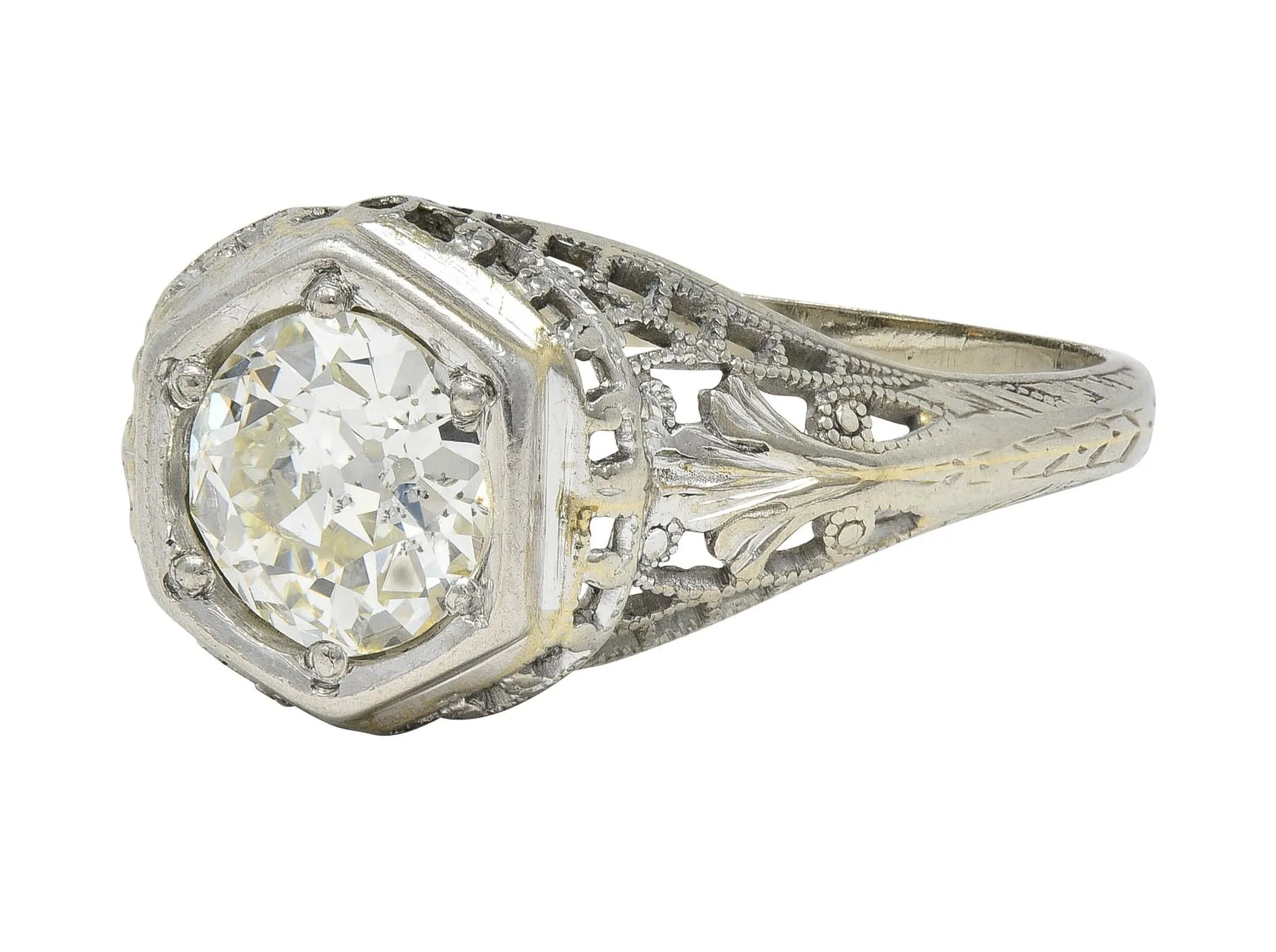 Art Deco 1.12 CTW Old European Diamond 18 Karat White Gold Trellis Engagement Ring GIA