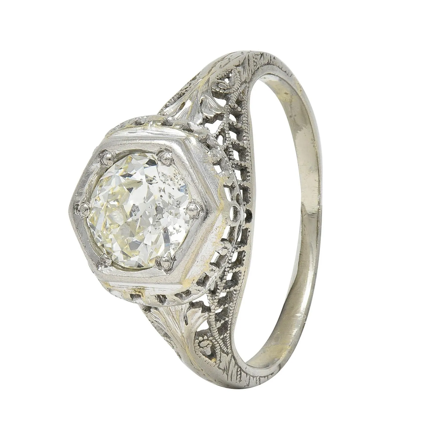 Art Deco 1.12 CTW Old European Diamond 18 Karat White Gold Trellis Engagement Ring GIA