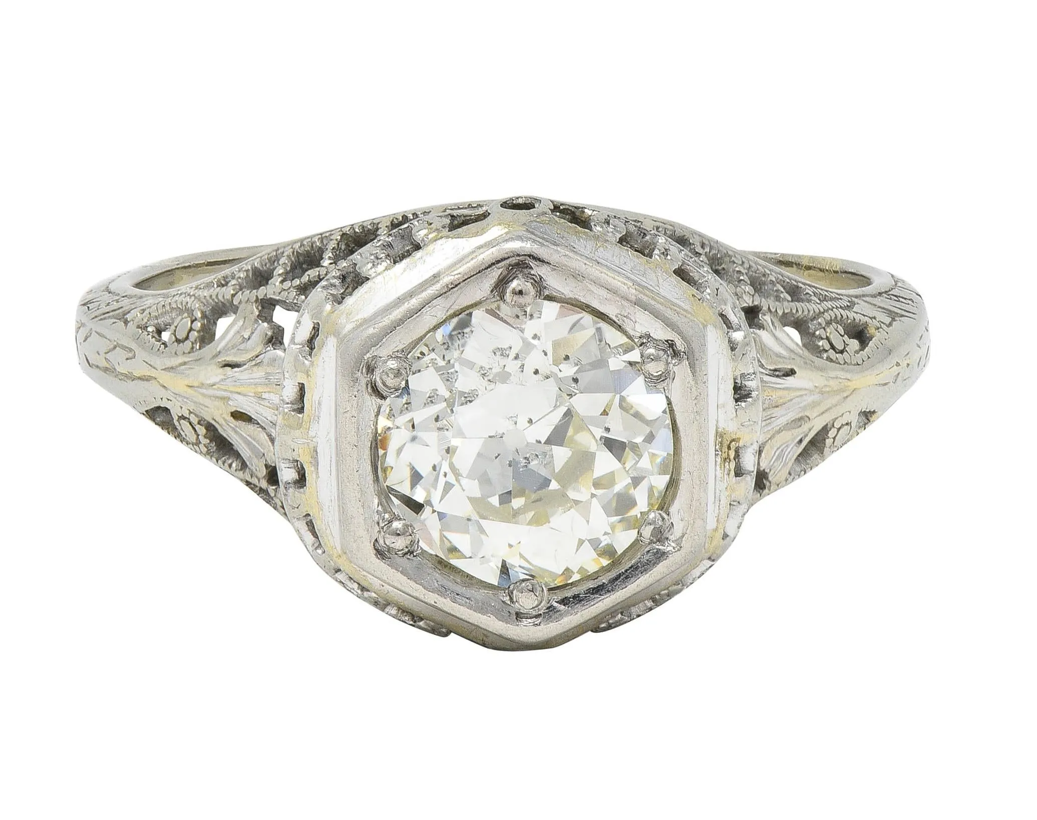 Art Deco 1.12 CTW Old European Diamond 18 Karat White Gold Trellis Engagement Ring GIA