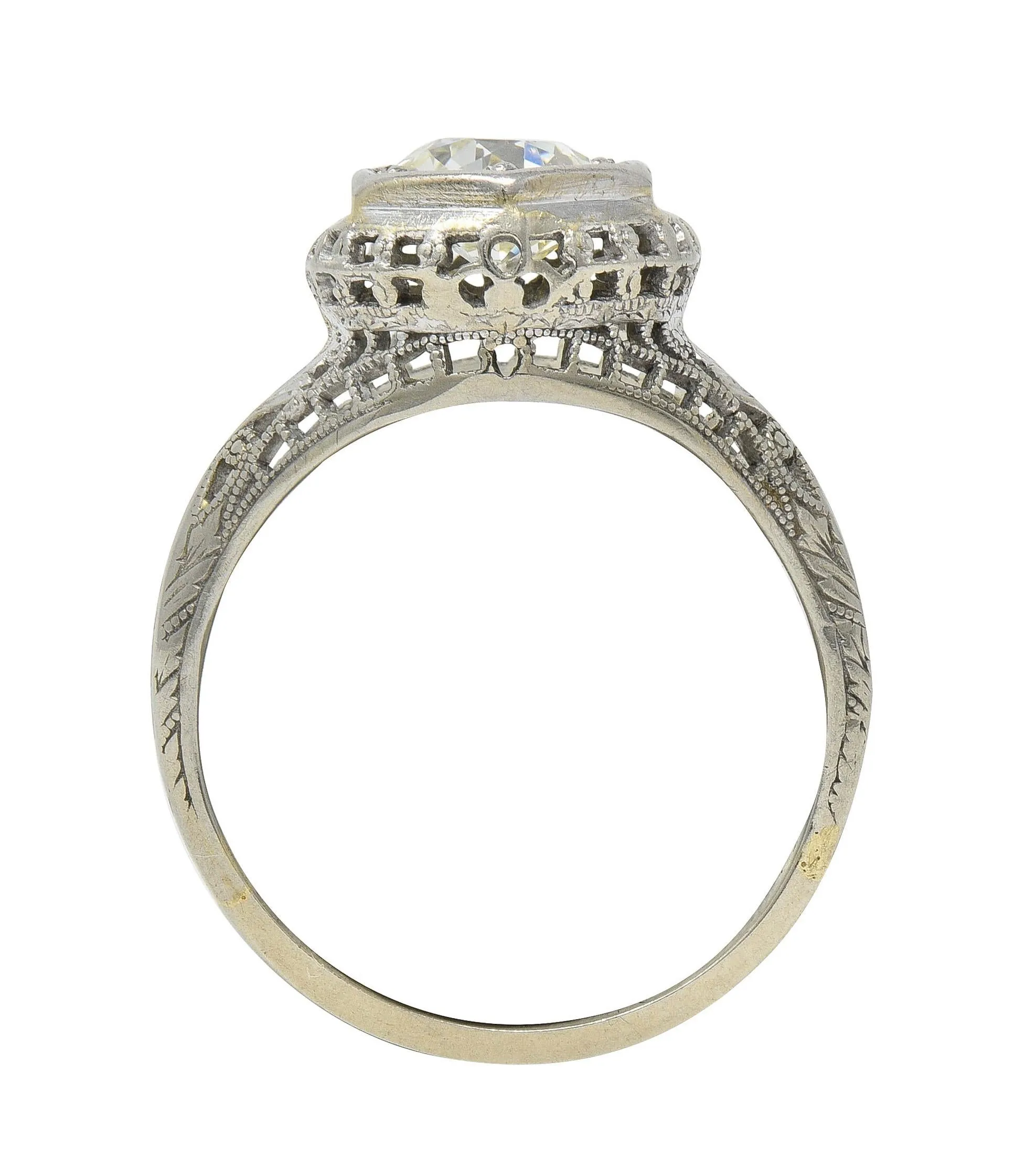 Art Deco 1.12 CTW Old European Diamond 18 Karat White Gold Trellis Engagement Ring GIA