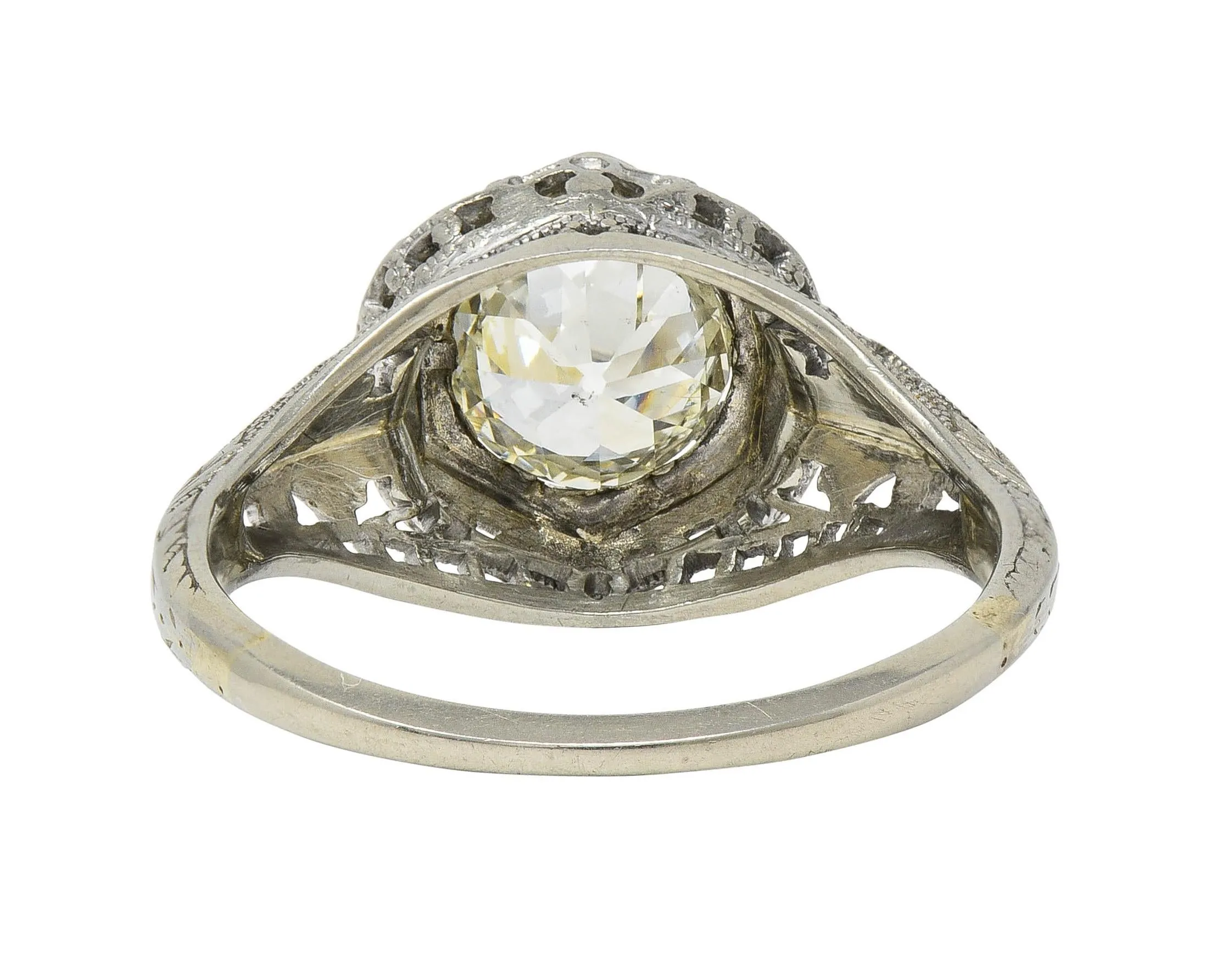 Art Deco 1.12 CTW Old European Diamond 18 Karat White Gold Trellis Engagement Ring GIA