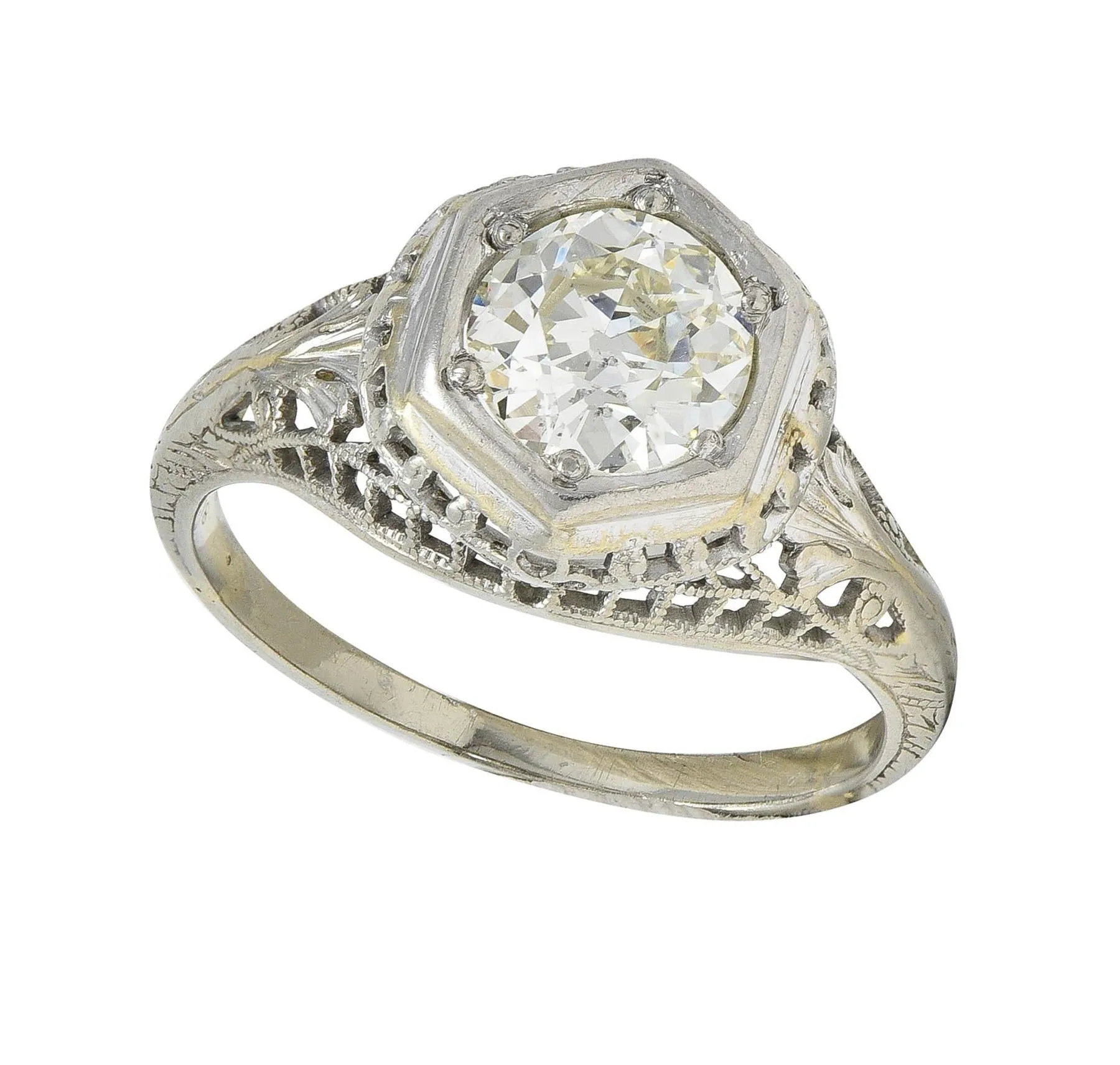 Art Deco 1.12 CTW Old European Diamond 18 Karat White Gold Trellis Engagement Ring GIA