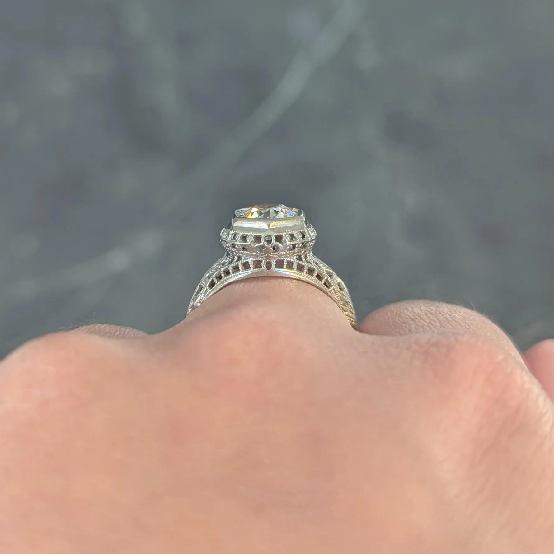 Art Deco 1.12 CTW Old European Diamond 18 Karat White Gold Trellis Engagement Ring GIA