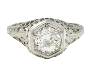 Art Deco 1.12 CTW Old European Diamond 18 Karat White Gold Trellis Engagement Ring GIA