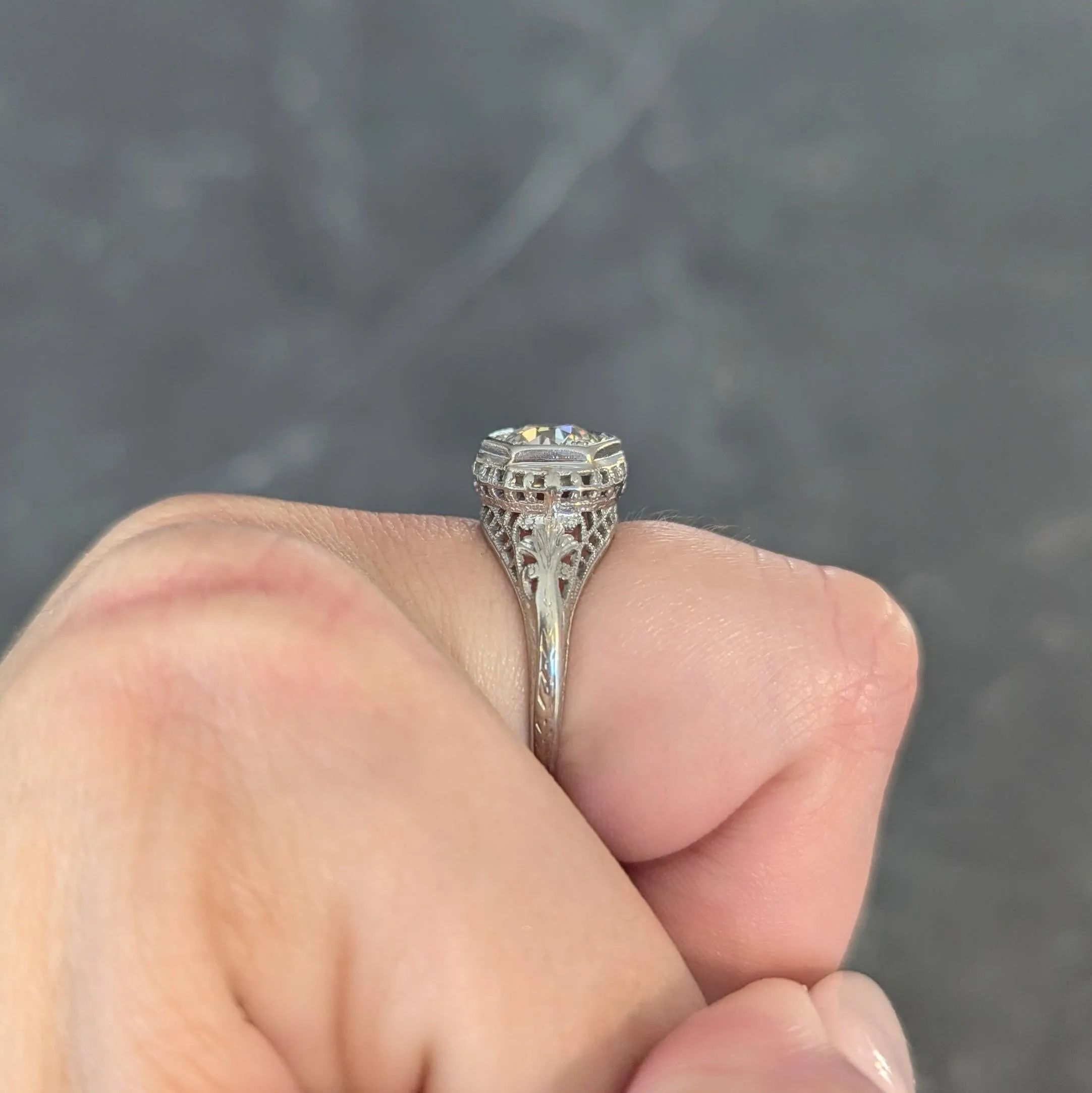 Art Deco 1.12 CTW Old European Diamond 18 Karat White Gold Trellis Engagement Ring GIA
