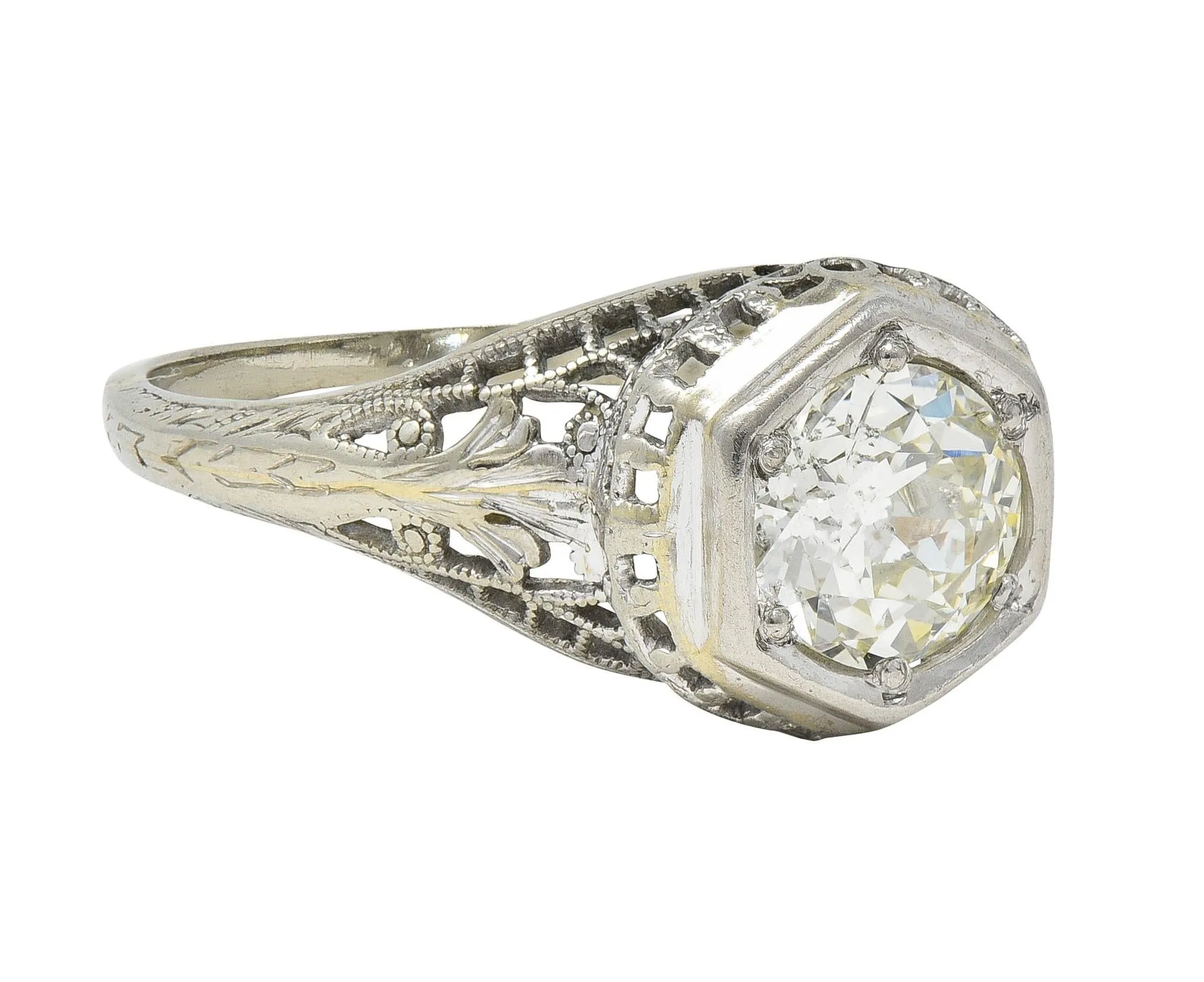 Art Deco 1.12 CTW Old European Diamond 18 Karat White Gold Trellis Engagement Ring GIA