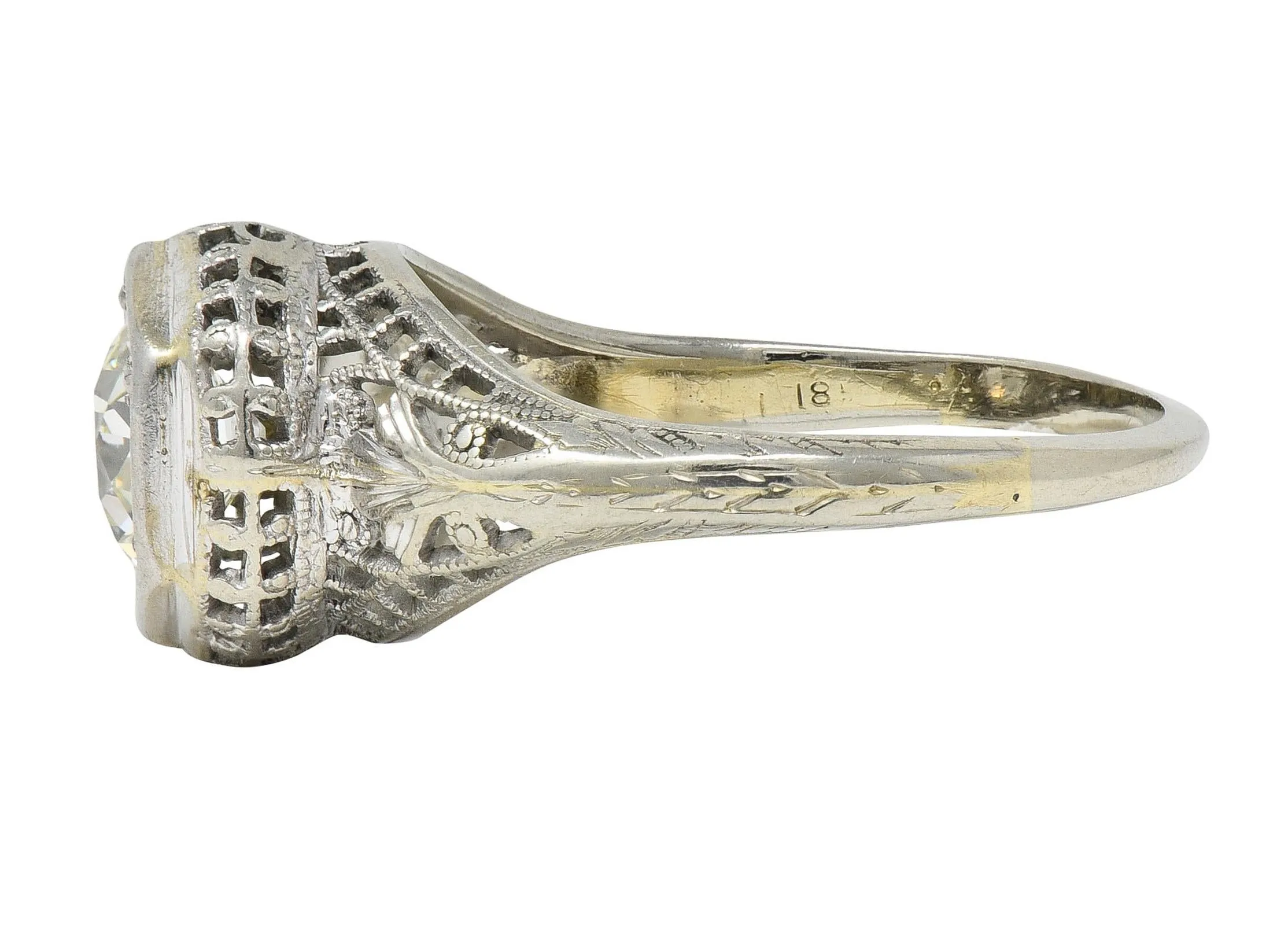 Art Deco 1.12 CTW Old European Diamond 18 Karat White Gold Trellis Engagement Ring GIA
