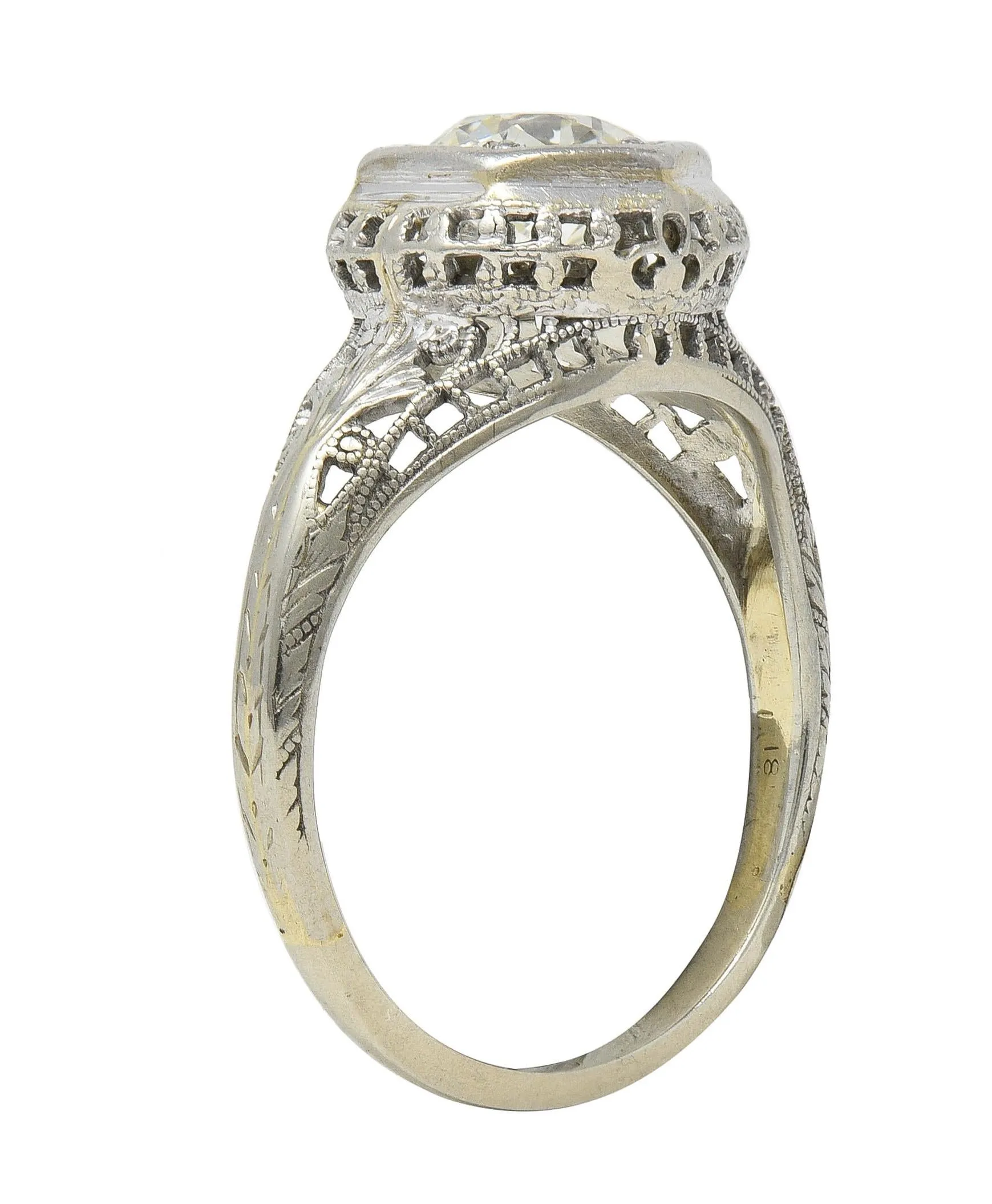 Art Deco 1.12 CTW Old European Diamond 18 Karat White Gold Trellis Engagement Ring GIA