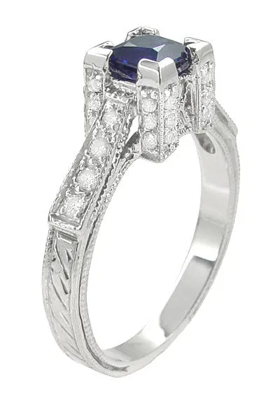 Art Deco 1/2 Carat Princess Cut Blue Sapphire and Diamond Engagement Ring in Platinum