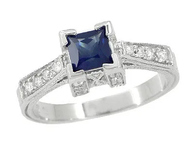 Art Deco 1/2 Carat Princess Cut Blue Sapphire and Diamond Engagement Ring in Platinum