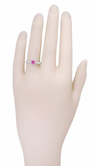 Art Deco 1/2 Carat Princess Cut Pink Sapphire and Diamond Engagement Ring in 18 Karat White Gold
