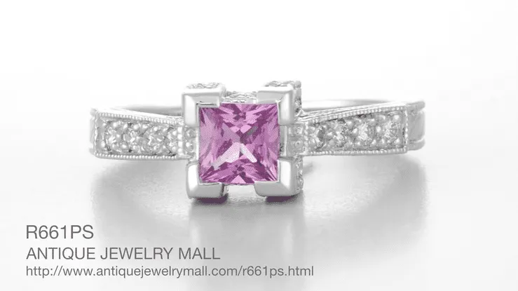 Art Deco 1/2 Carat Princess Cut Pink Sapphire and Diamond Engagement Ring in 18 Karat White Gold