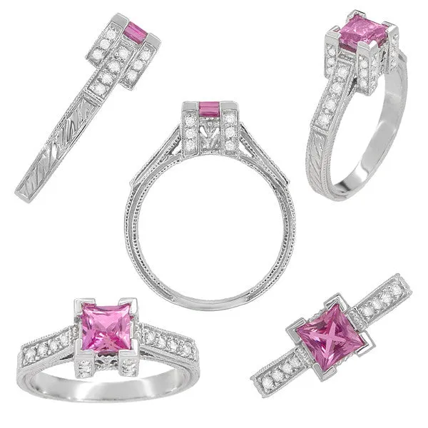 Art Deco 1/2 Carat Princess Cut Pink Sapphire and Diamond Engagement Ring in 18 Karat White Gold