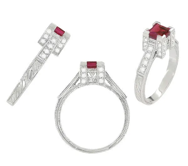 Art Deco 1/2 Carat Square Ruby and Diamonds Engagement Ring in 18K White Gold