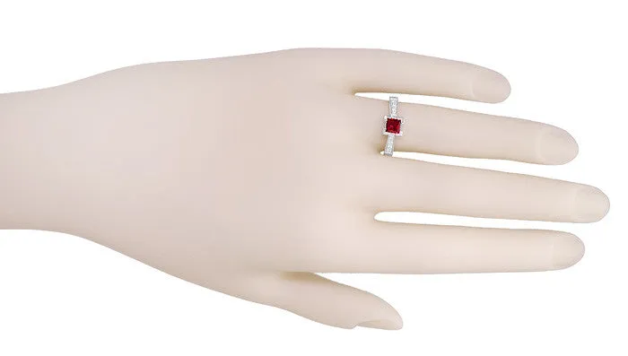 Art Deco 1/2 Carat Square Ruby and Diamonds Engagement Ring in 18K White Gold