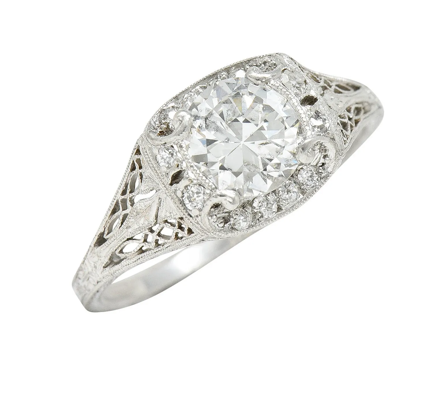 Art Deco 1.35 CTW Diamond Platinum Scrolling Engagement Ring GIA