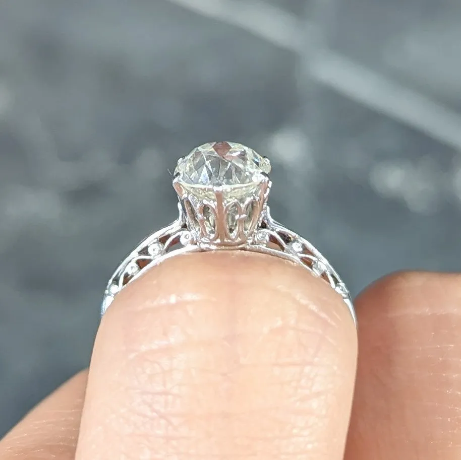 Art Deco 1.39 CTW Old Mine Cut Diamond Platinum Scroll Solitaire Engagement Ring