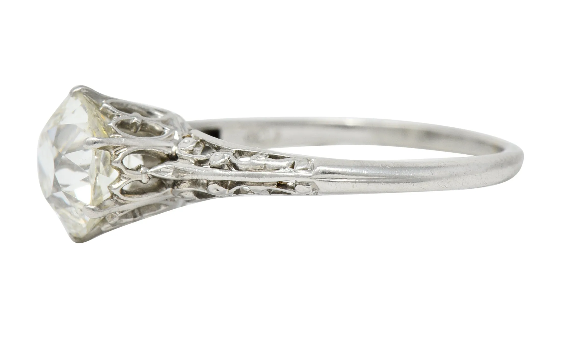 Art Deco 1.39 CTW Old Mine Cut Diamond Platinum Scroll Solitaire Engagement Ring
