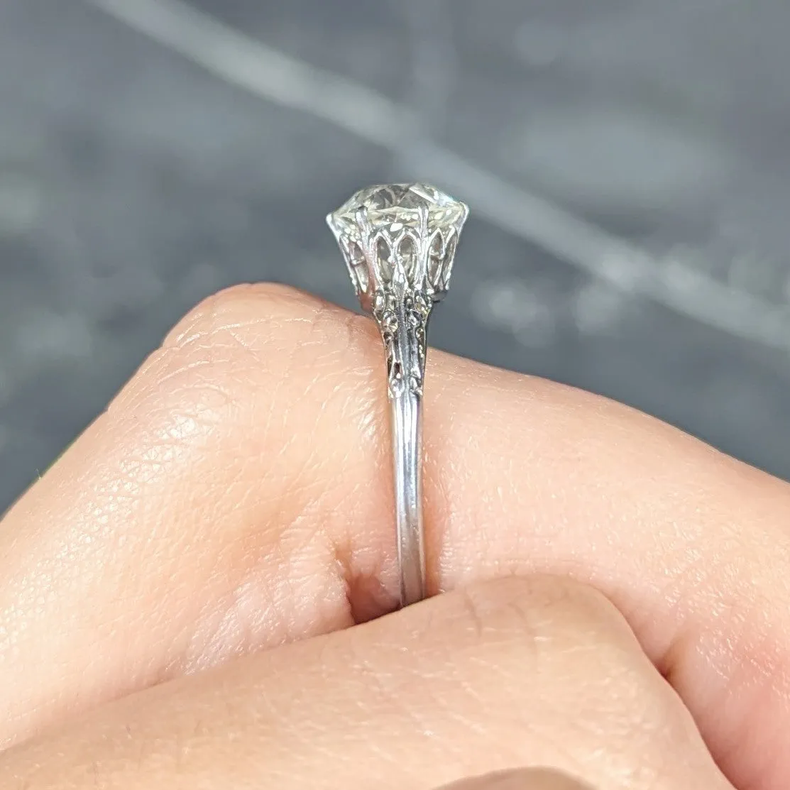 Art Deco 1.39 CTW Old Mine Cut Diamond Platinum Scroll Solitaire Engagement Ring
