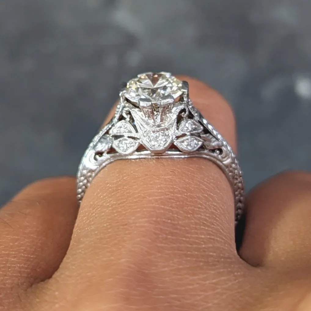Art Deco 1.44 CTW Old European Diamond Platinum Foliate Vintage Engagement Ring