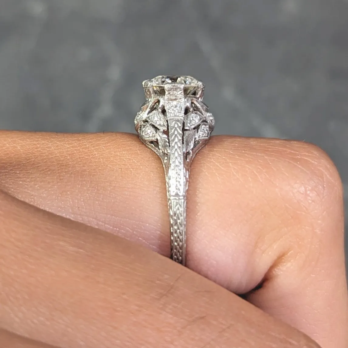 Art Deco 1.44 CTW Old European Diamond Platinum Foliate Vintage Engagement Ring