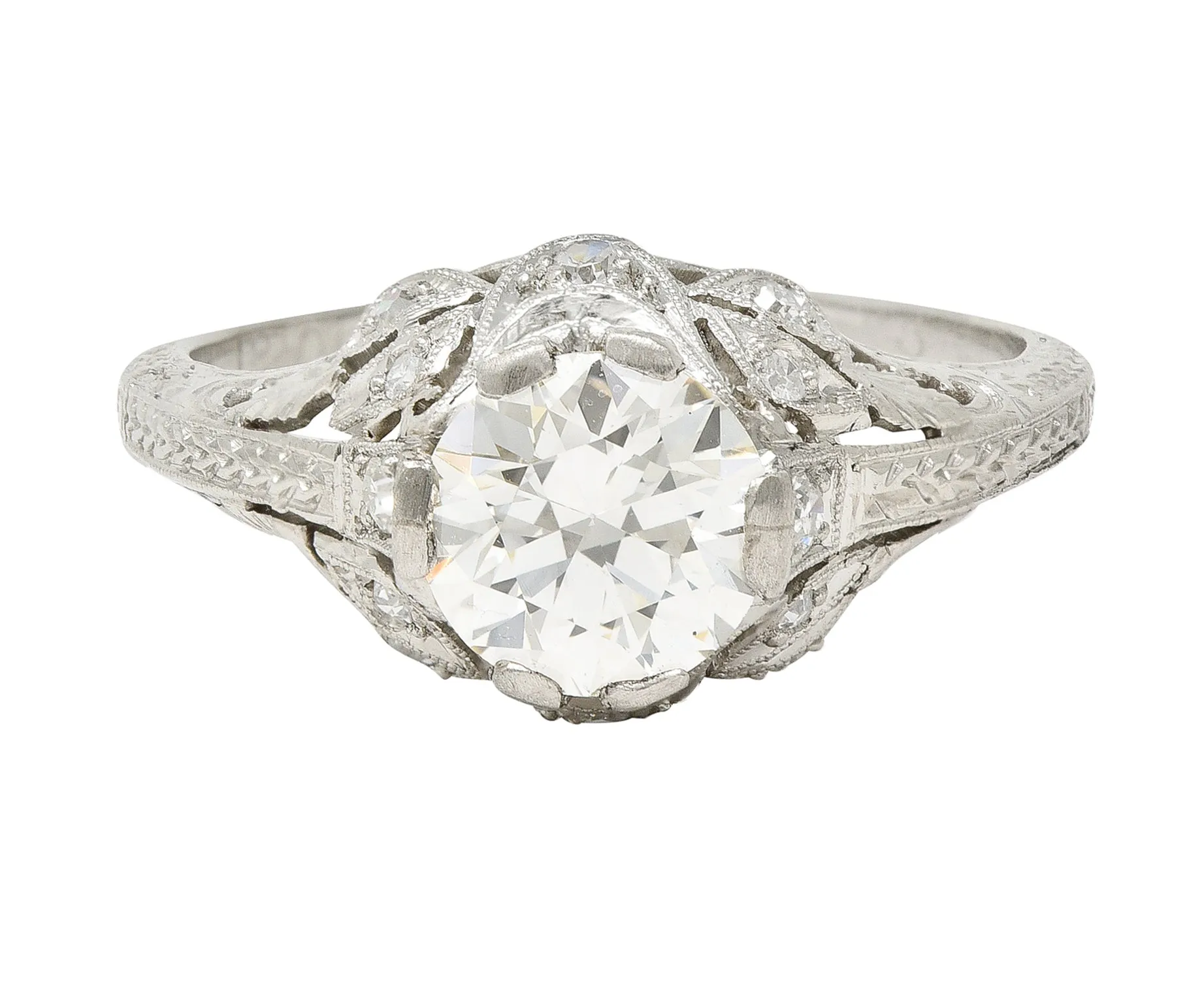 Art Deco 1.44 CTW Old European Diamond Platinum Foliate Vintage Engagement Ring