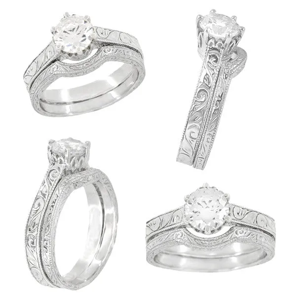 Art Deco 1.50 - 1.75 Carat Vintage Filigree Scrolls Crown Engagement Ring Setting in Palladium for a Round Stone