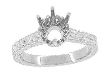 Art Deco 1.50 - 1.75 Carat Vintage Filigree Scrolls Crown Engagement Ring Setting in Palladium for a Round Stone