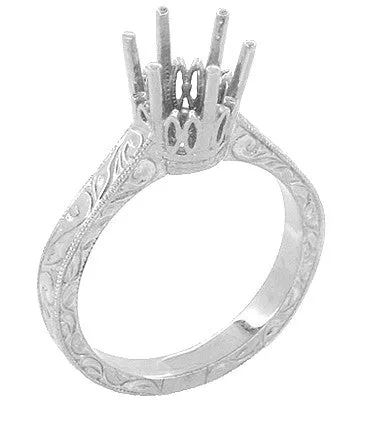 Art Deco 1.50 - 1.75 Carat Vintage Filigree Scrolls Crown Engagement Ring Setting in Palladium for a Round Stone