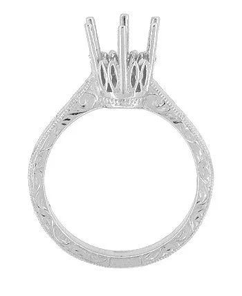 Art Deco 1.50 - 1.75 Carat Vintage Filigree Scrolls Crown Engagement Ring Setting in Palladium for a Round Stone