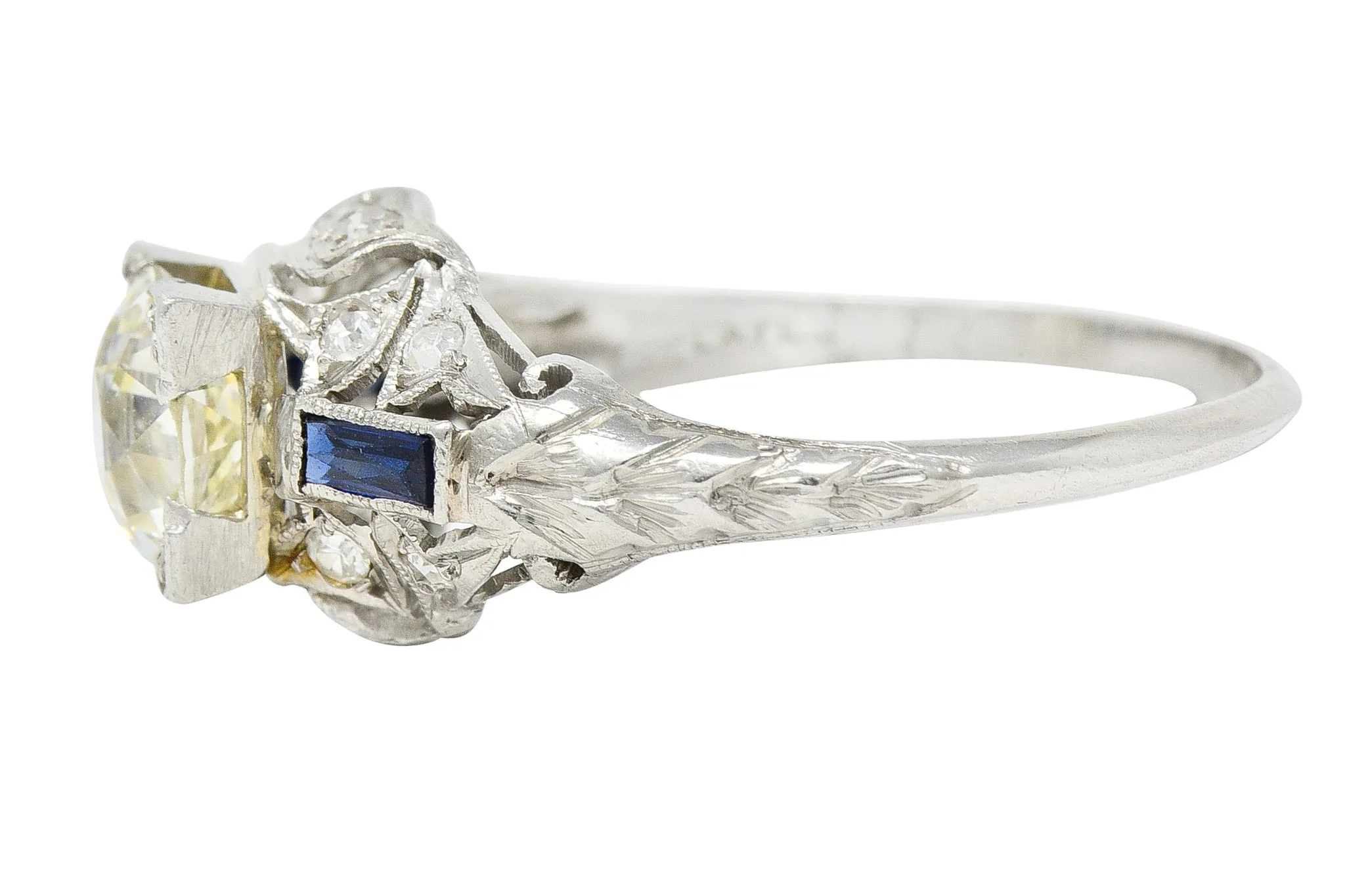 Art Deco 1.51 CTW Old European Cut Diamond Sapphire Platinum Ivy Square Form Engagement Ring