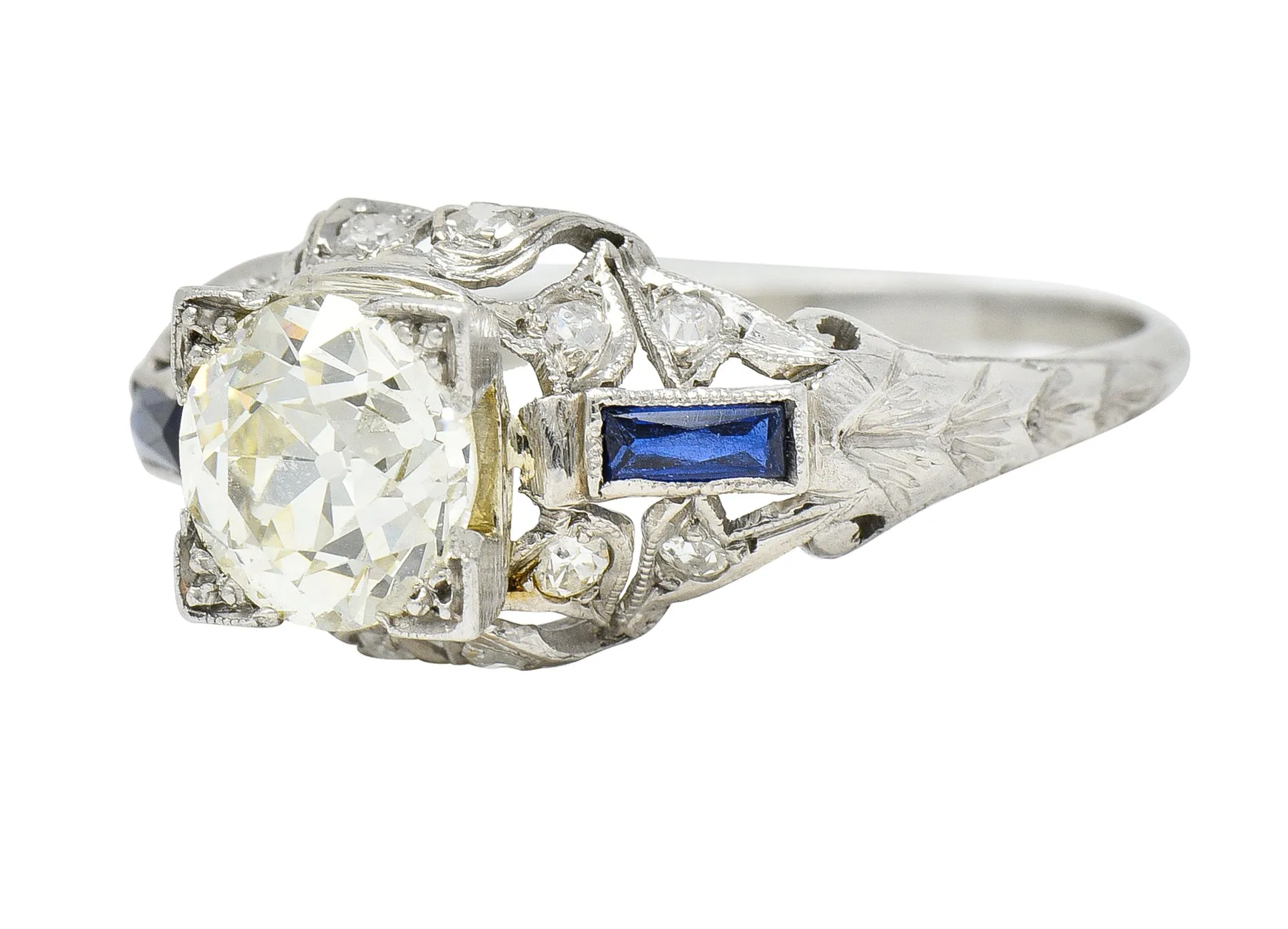 Art Deco 1.51 CTW Old European Cut Diamond Sapphire Platinum Ivy Square Form Engagement Ring