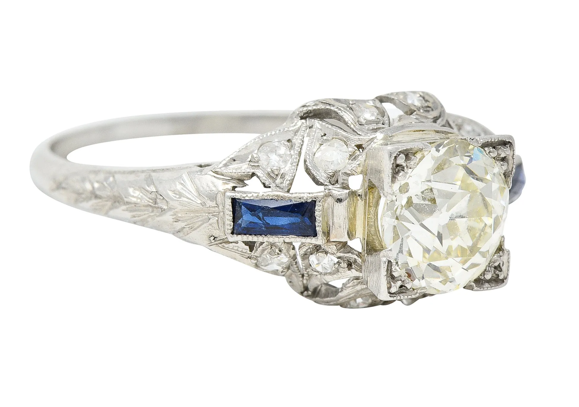 Art Deco 1.51 CTW Old European Cut Diamond Sapphire Platinum Ivy Square Form Engagement Ring