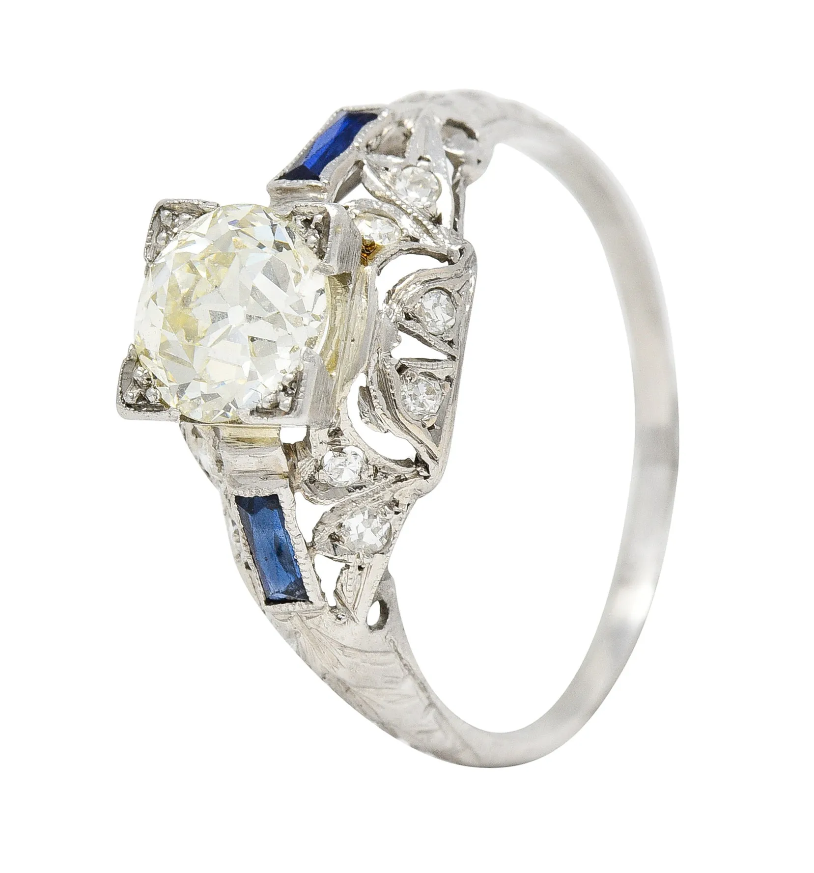 Art Deco 1.51 CTW Old European Cut Diamond Sapphire Platinum Ivy Square Form Engagement Ring
