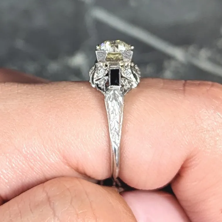 Art Deco 1.51 CTW Old European Cut Diamond Sapphire Platinum Ivy Square Form Engagement Ring