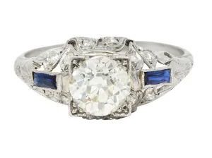 Art Deco 1.51 CTW Old European Cut Diamond Sapphire Platinum Ivy Square Form Engagement Ring