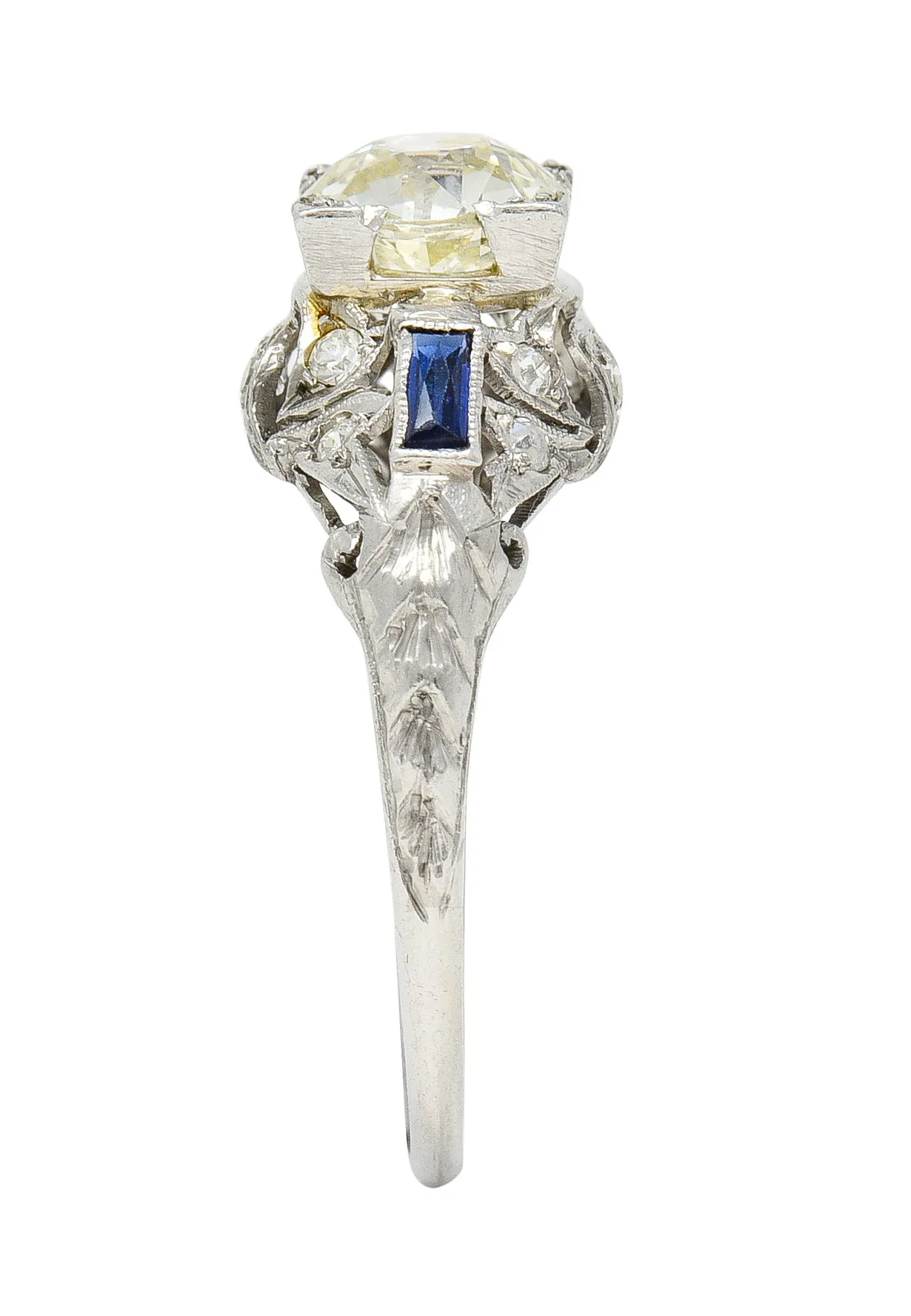 Art Deco 1.51 CTW Old European Cut Diamond Sapphire Platinum Ivy Square Form Engagement Ring