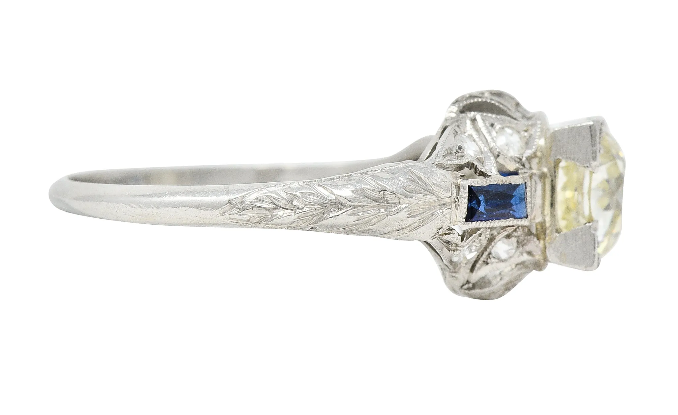 Art Deco 1.51 CTW Old European Cut Diamond Sapphire Platinum Ivy Square Form Engagement Ring