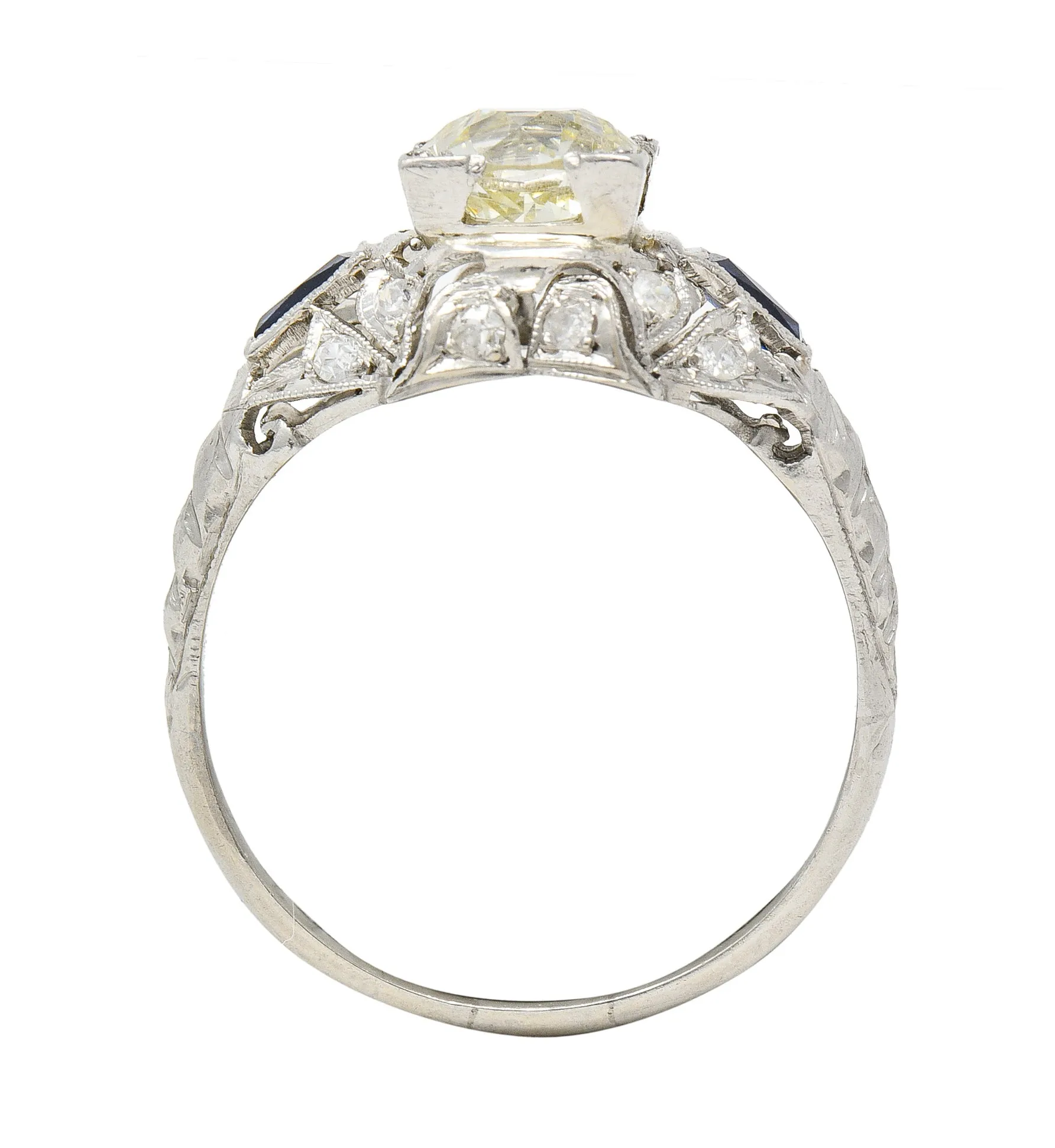 Art Deco 1.51 CTW Old European Cut Diamond Sapphire Platinum Ivy Square Form Engagement Ring