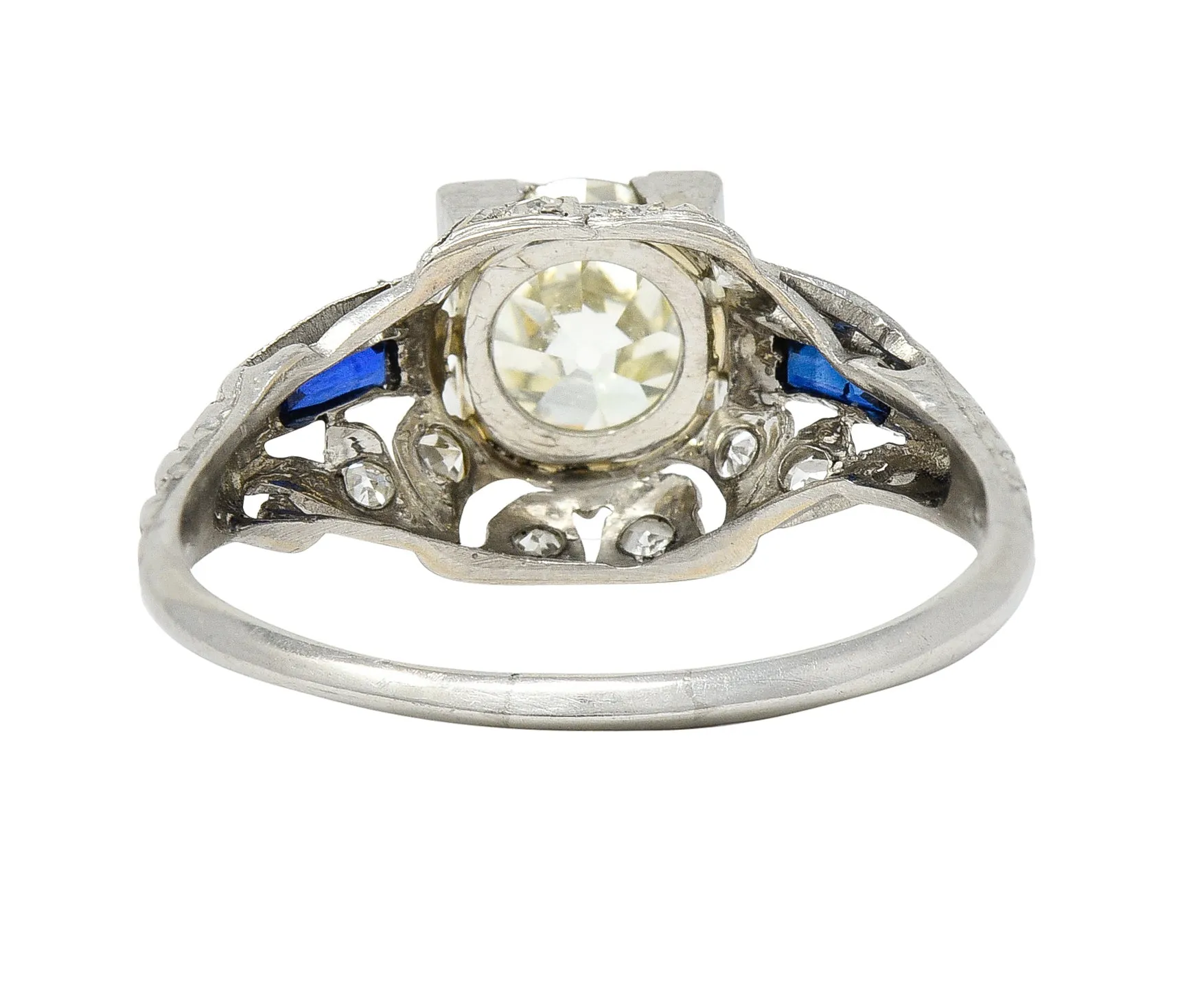 Art Deco 1.51 CTW Old European Cut Diamond Sapphire Platinum Ivy Square Form Engagement Ring