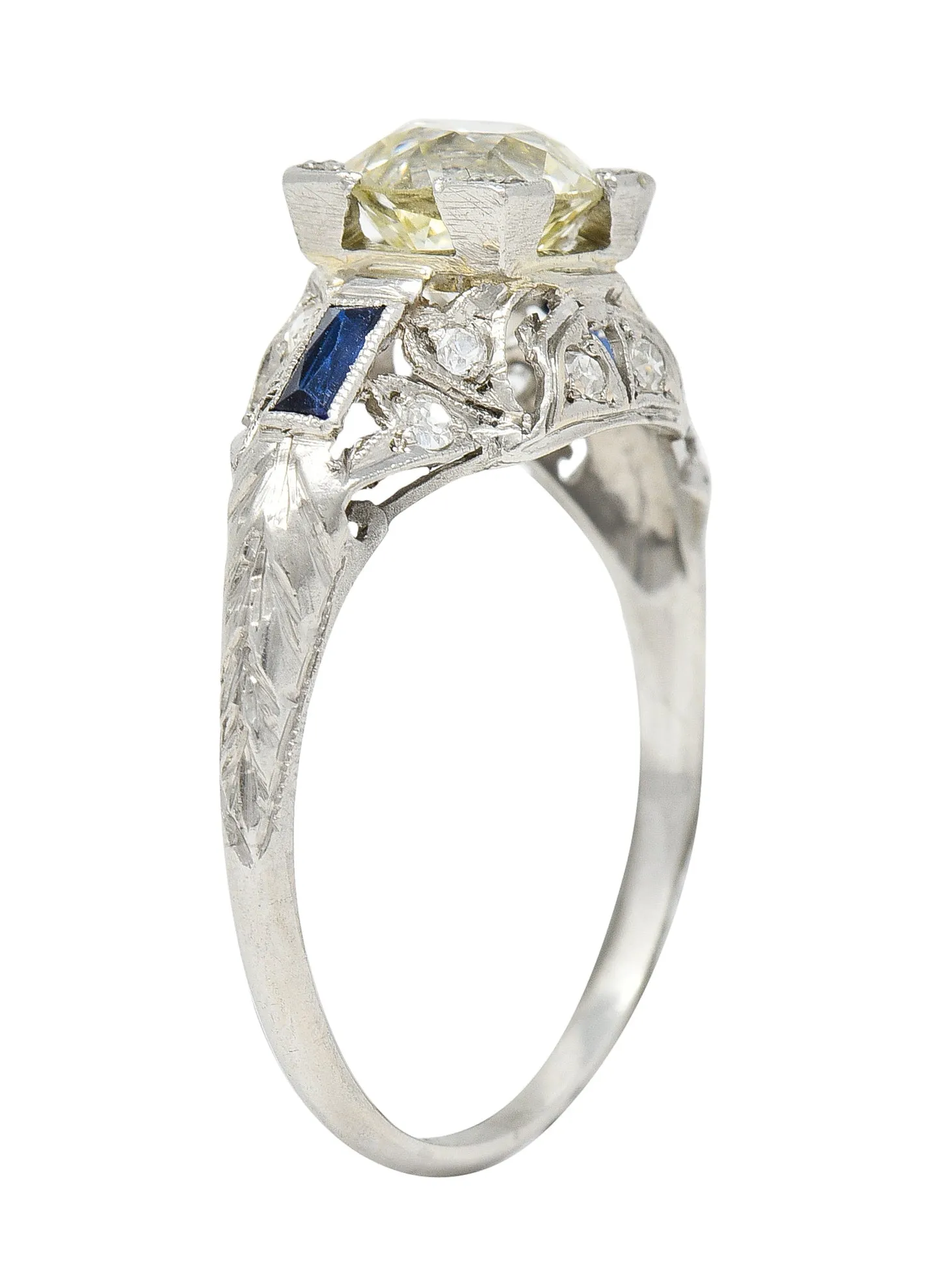 Art Deco 1.51 CTW Old European Cut Diamond Sapphire Platinum Ivy Square Form Engagement Ring