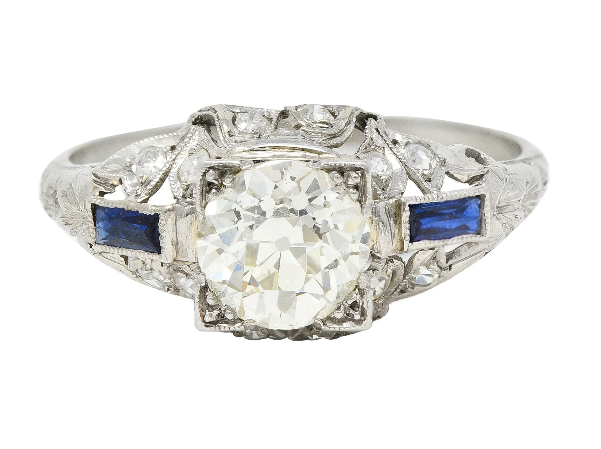 Art Deco 1.51 CTW Old European Cut Diamond Sapphire Platinum Ivy Square Form Engagement Ring