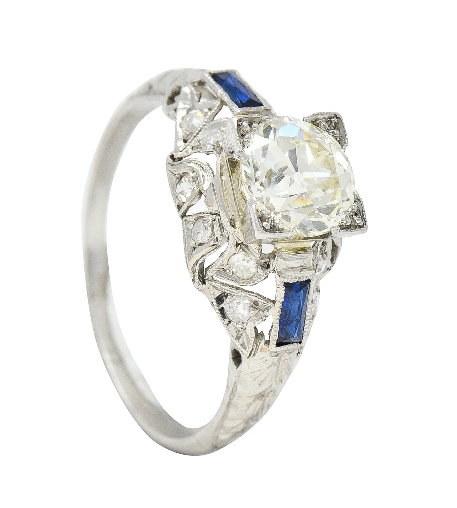 Art Deco 1.51 CTW Old European Cut Diamond Sapphire Platinum Ivy Square Form Engagement Ring