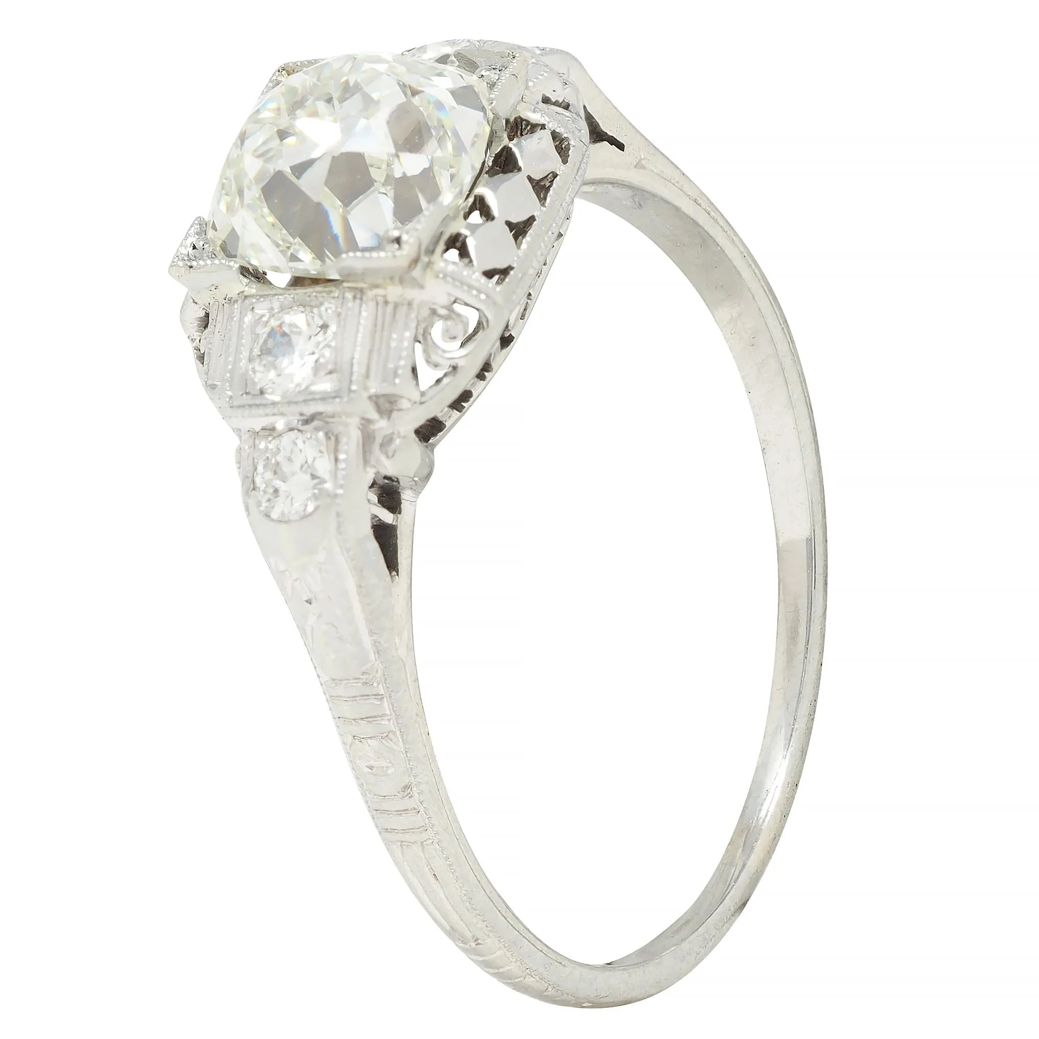 Art Deco 1.58 CTW Old European Cut Diamond Platinum Checkerboard Vintage Engagement Ring