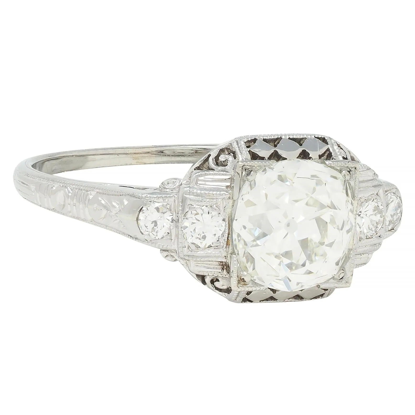 Art Deco 1.58 CTW Old European Cut Diamond Platinum Checkerboard Vintage Engagement Ring