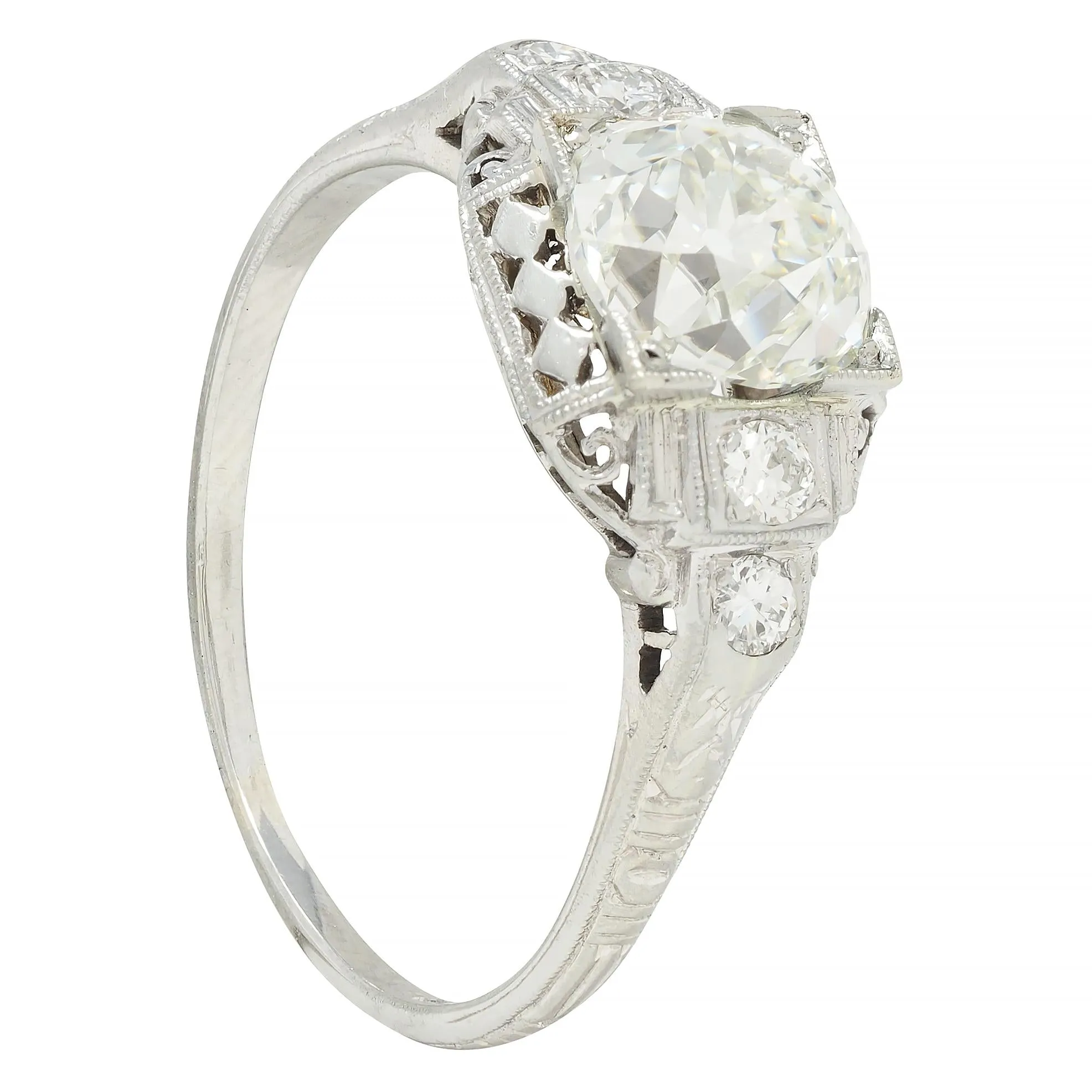 Art Deco 1.58 CTW Old European Cut Diamond Platinum Checkerboard Vintage Engagement Ring